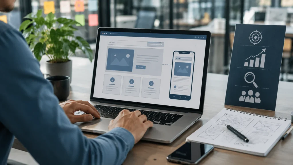 Imagem realista de profissional criando layout de site de alta conversão em notebook com elementos de SEO, UX e estratégia digital em ambiente corporativo moderno.