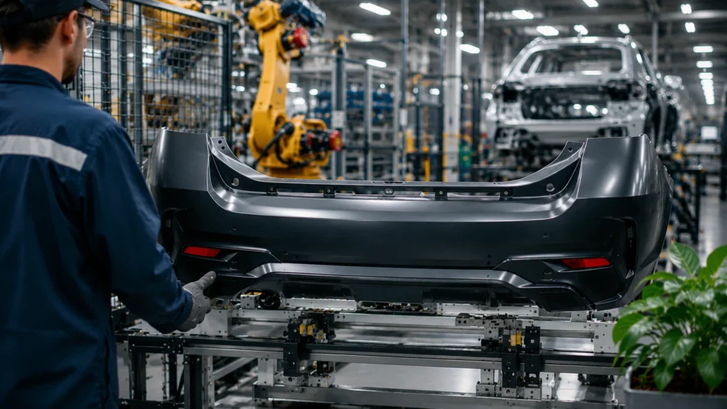 Imagem realista de linha de produção automotiva moderna com trabalhador inspecionando para-choque traseiro em fábrica sustentável de peças automotivas com robôs industriais ao fundo.
