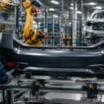 Imagem realista de linha de produção automotiva moderna com trabalhador inspecionando para-choque traseiro em fábrica sustentável de peças automotivas com robôs industriais ao fundo.